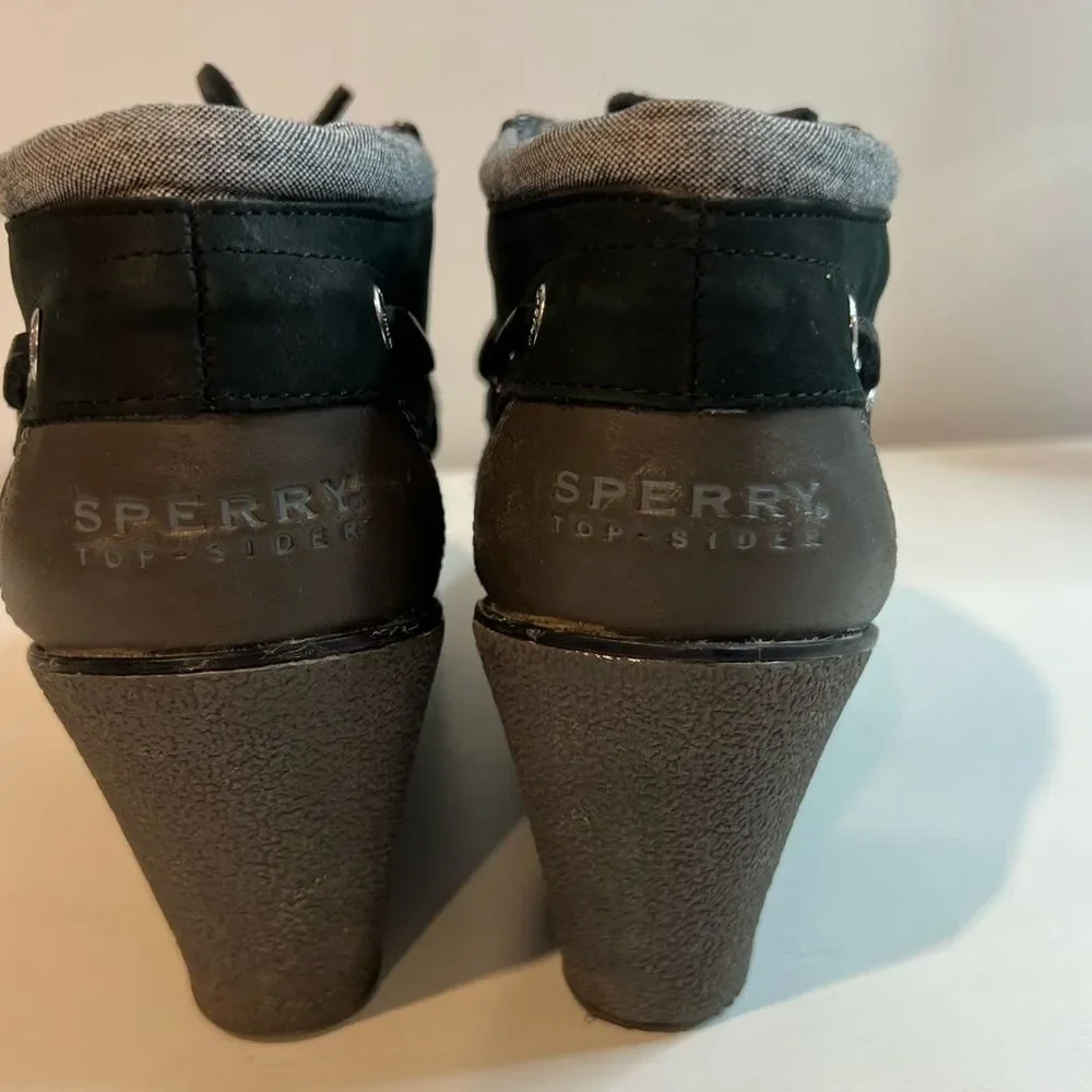 Sperry Top Slider Hadley Wedge booties Black Grey Suede wedges SZ 9